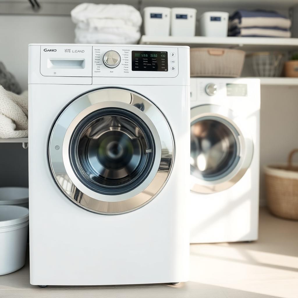 Bright laundry room with two white front-load washing machines with digital displays, organized shelves with towels and baskets at ANUPAM electronics store in Raigarh