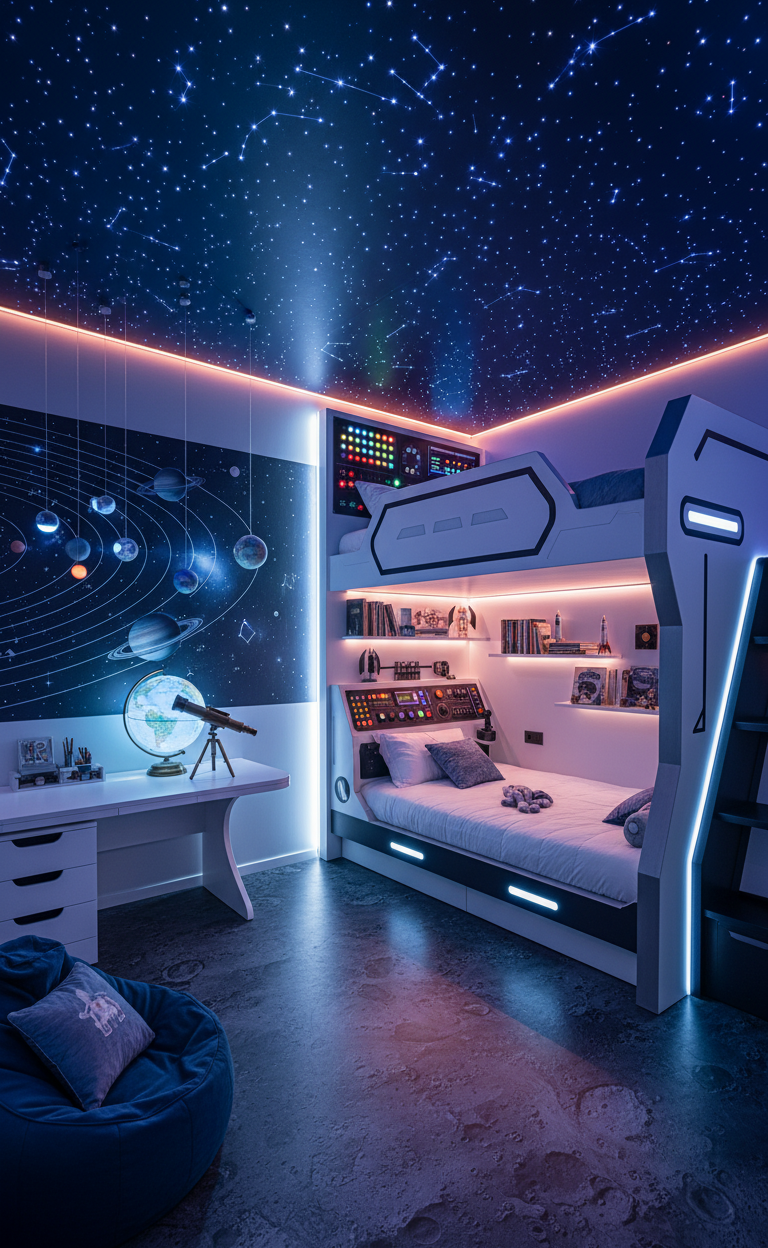 Space-themed children's bedroom with spaceship bunk bed and starry ceiling