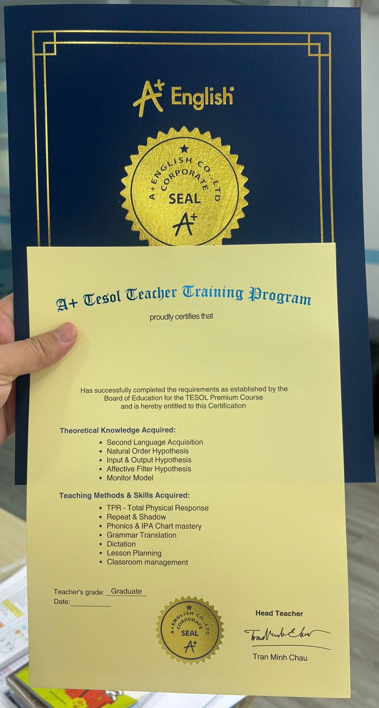 Chứng chỉ TESOL quốc tế thực tế của Anh Ngữ A+