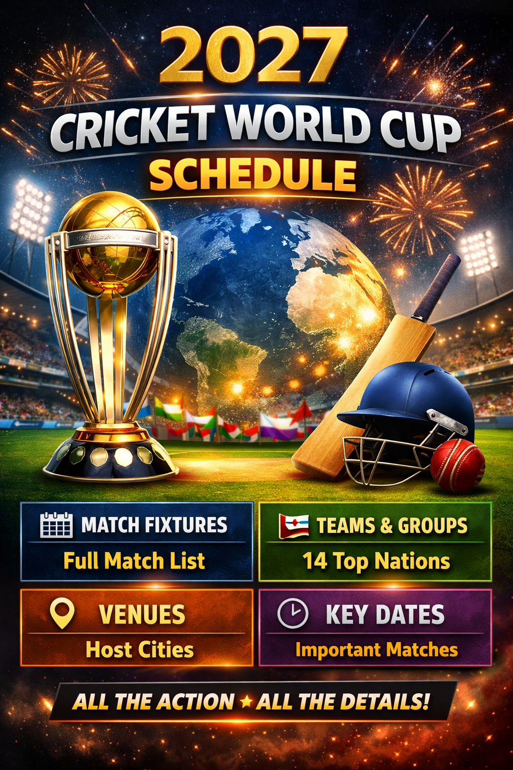 2027 Cricket World Cup Schedule promotional banner featuring cricket trophy, bat, helmet, and red ball with stadium background