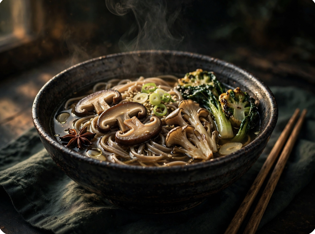 A warm bowl of noodle soup with mushrooms and greens