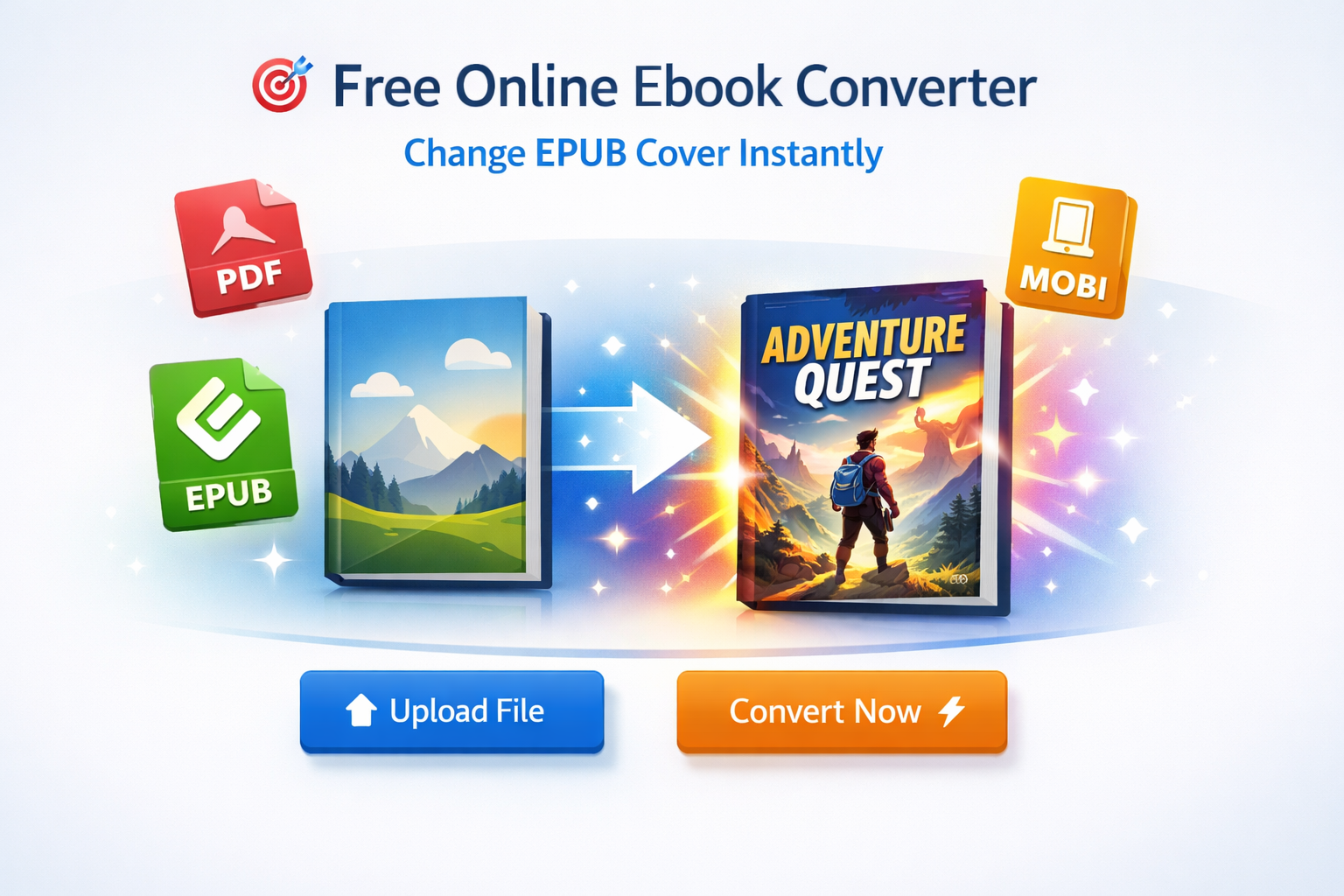 PDF to Ebook Converter Free Tool Interface showing upload and convert options for EPUB, PDF, and MOBI formats