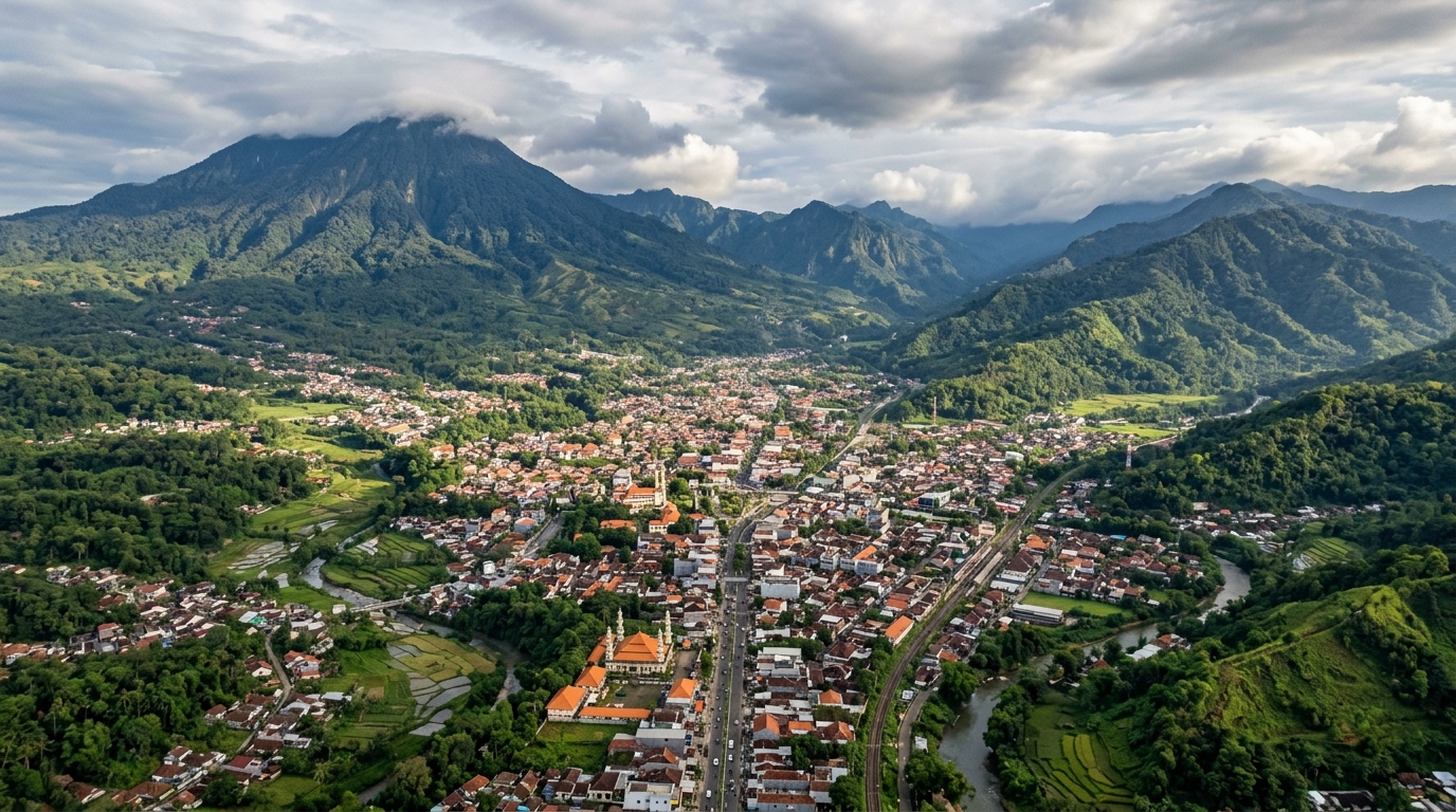 Panorama kota Sukabumi dikelilingi pegunungan hijau - area layanan sedot WC