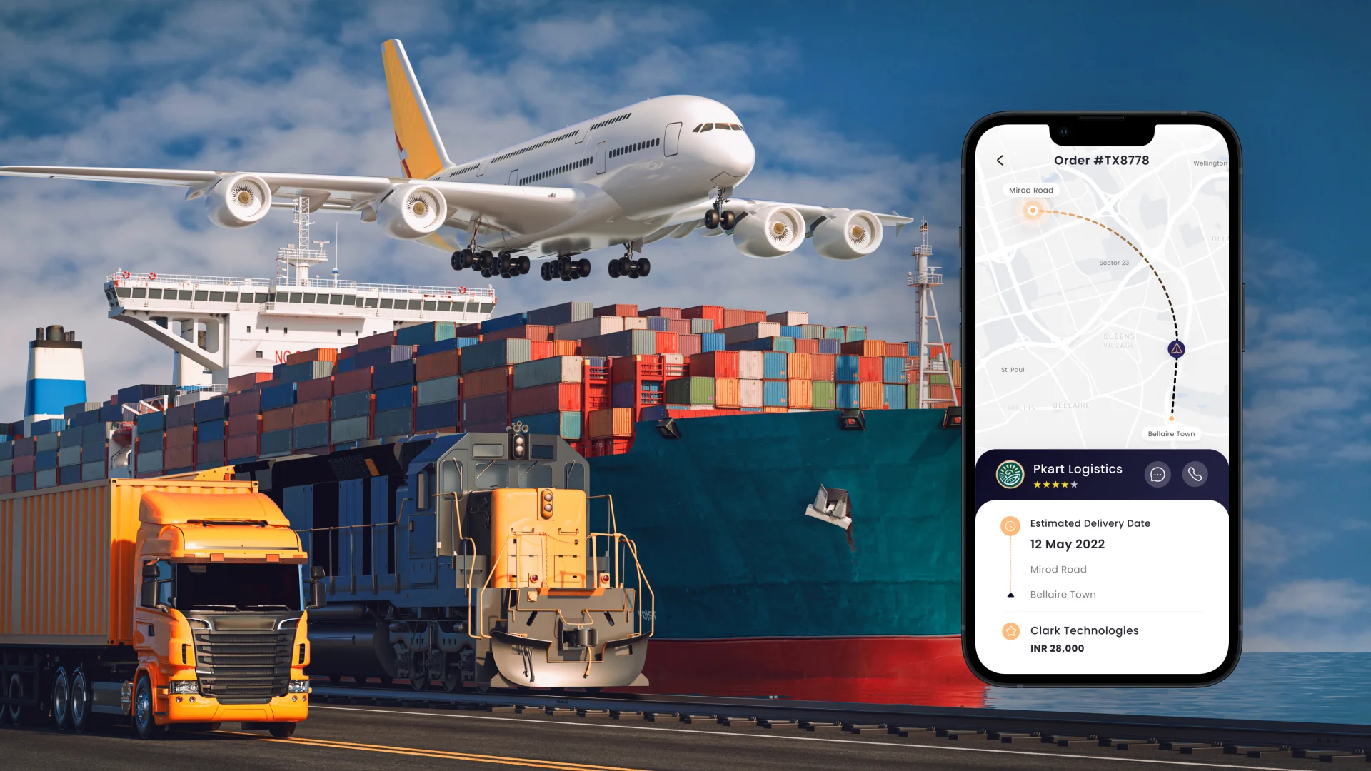 Multi-modal transportation tracking interface showing airplanes, cargo ships, trucks, and trains with a mobile logistics app displaying live shipment order details and delivery route on map