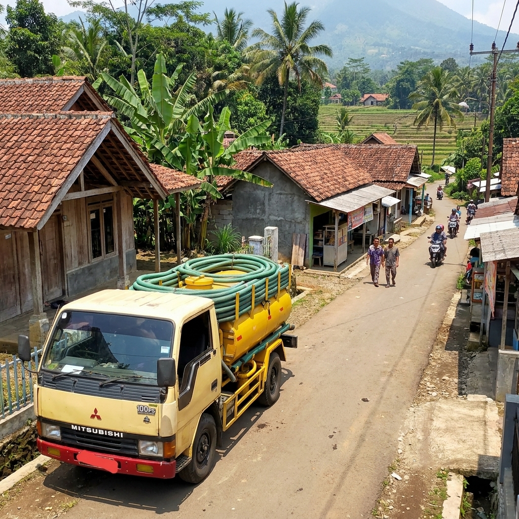Truk sedot WC dengan selang hijau melayani area pedesaan Sukabumi