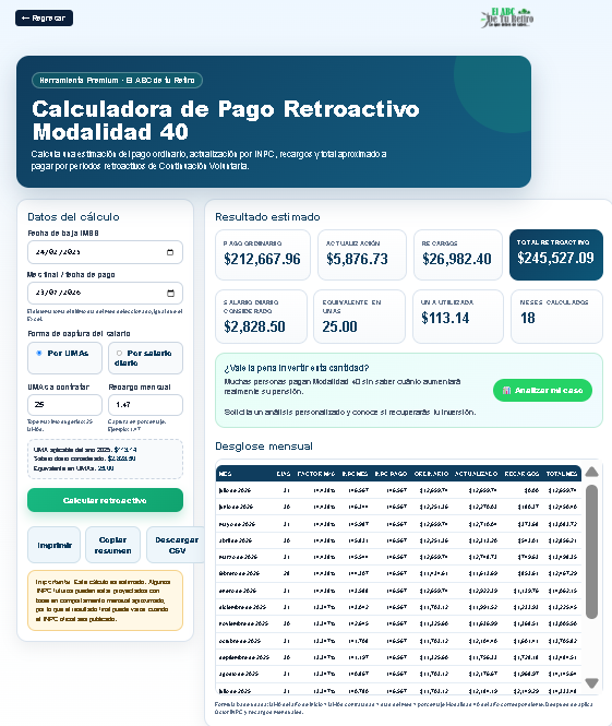 Calculadora de Pago Retroactivo Modalidad 40 en Excel