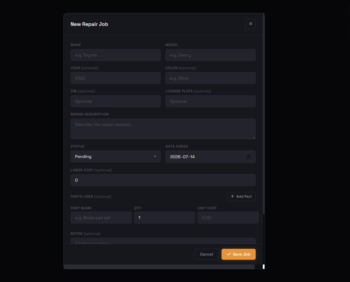 TorqueWorks new repair job form showing vehicle details, parts, labor costs, and notes fields