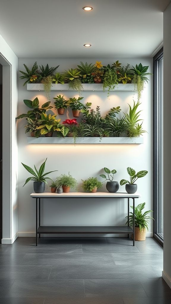 Living art entryway with white shelves filled with plants