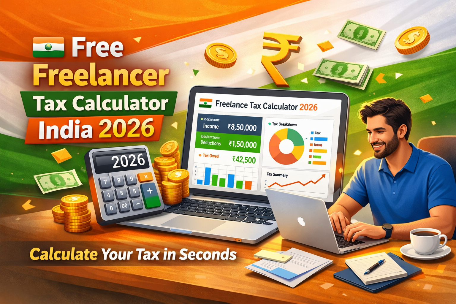 Free Freelancer Tax Calculator India 2026 illustration showing laptop and calculation