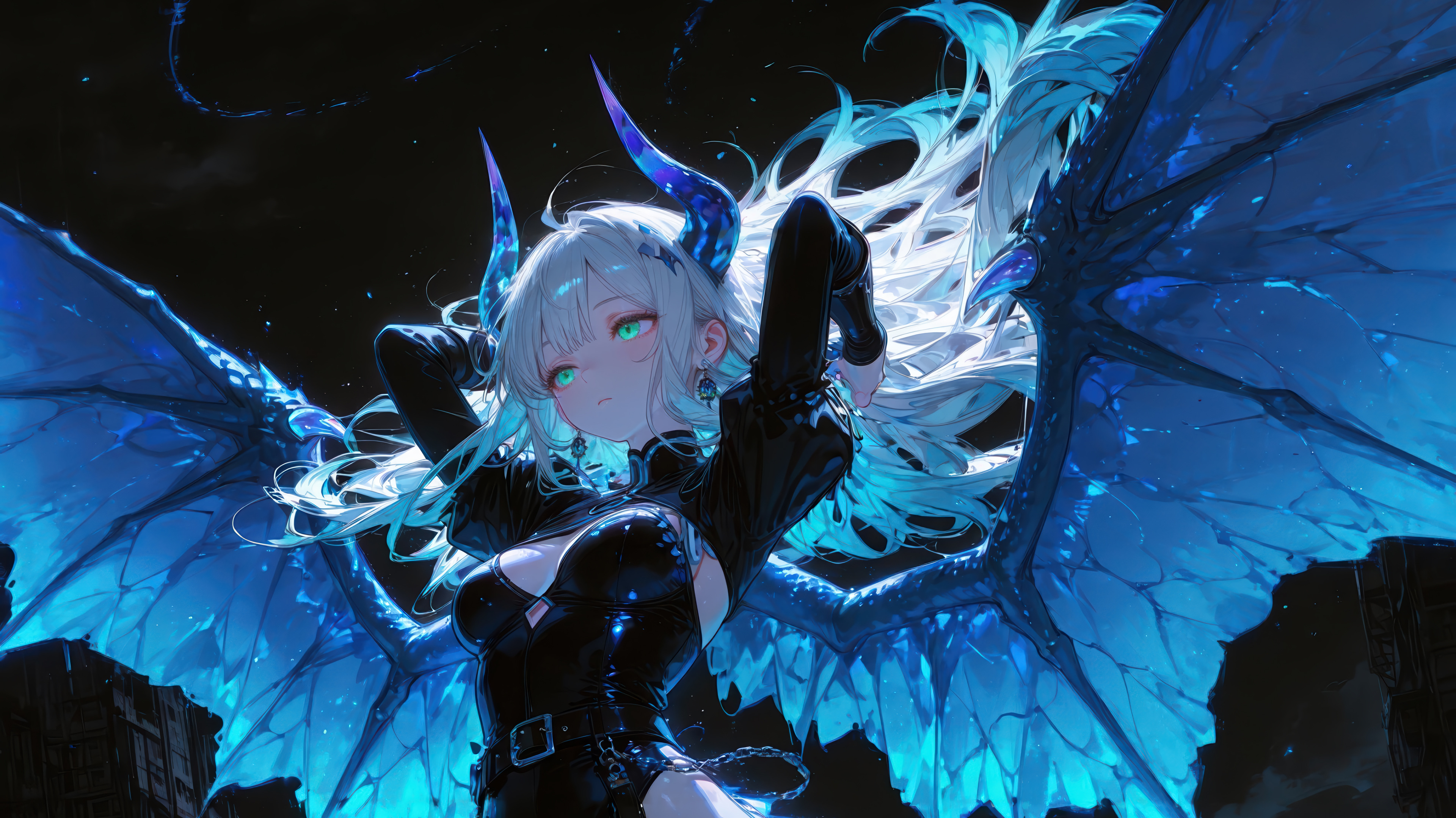 White Hair Demon Horns Blue Wings Anime