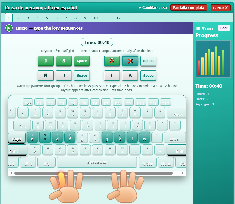 Spanish typing course interface showing virtual keyboard, hand position guides and progress tracking with correct, errors and time statistics
