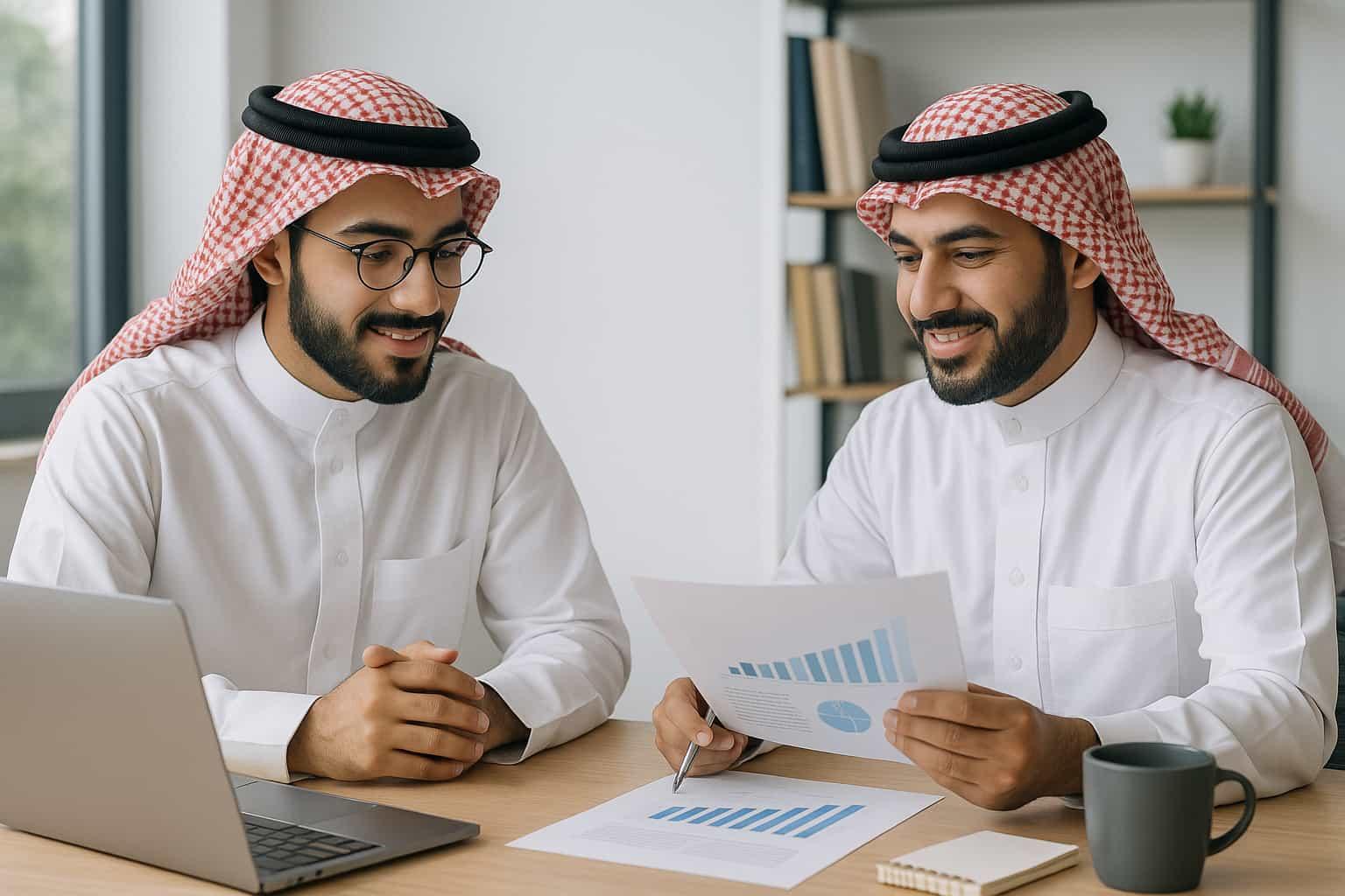 مستثمرون سعوديون يراجعون بيانات دراسة الجدوى الاقتصادية