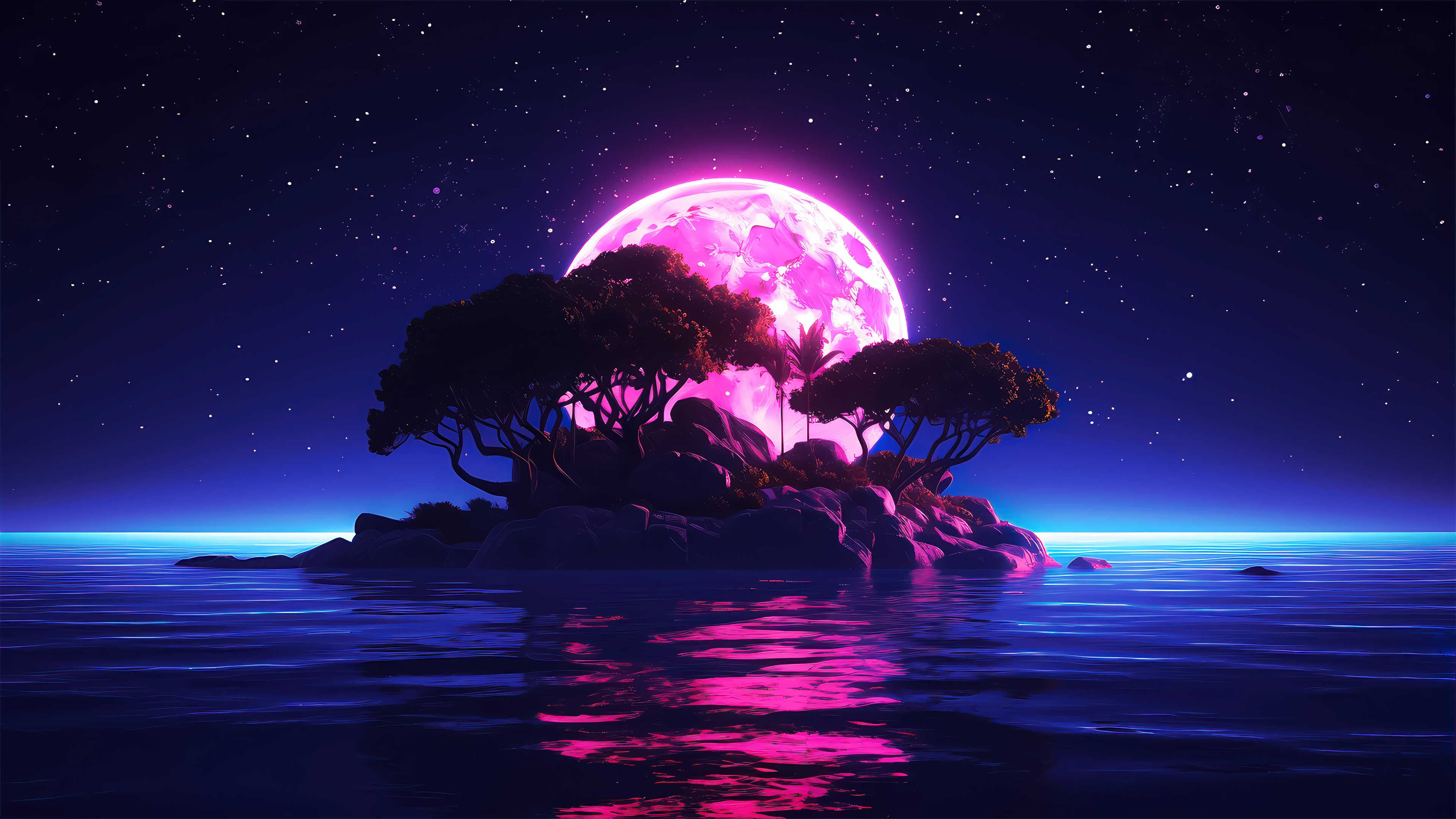 Lonely Island with Giant Pink Moon Starry Ocean