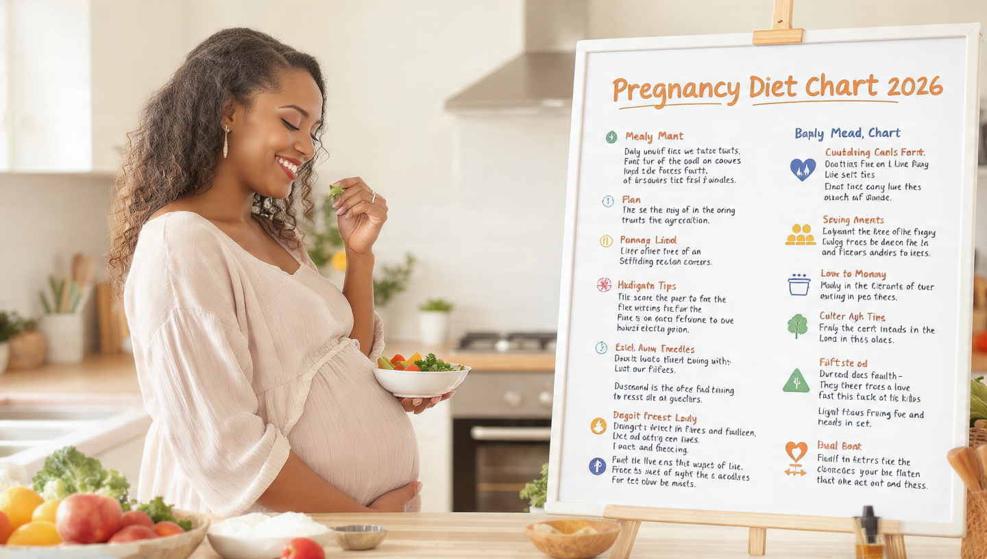 Pregnant woman following a healthy Pregnancy Diet Chart with nutrient-rich foods