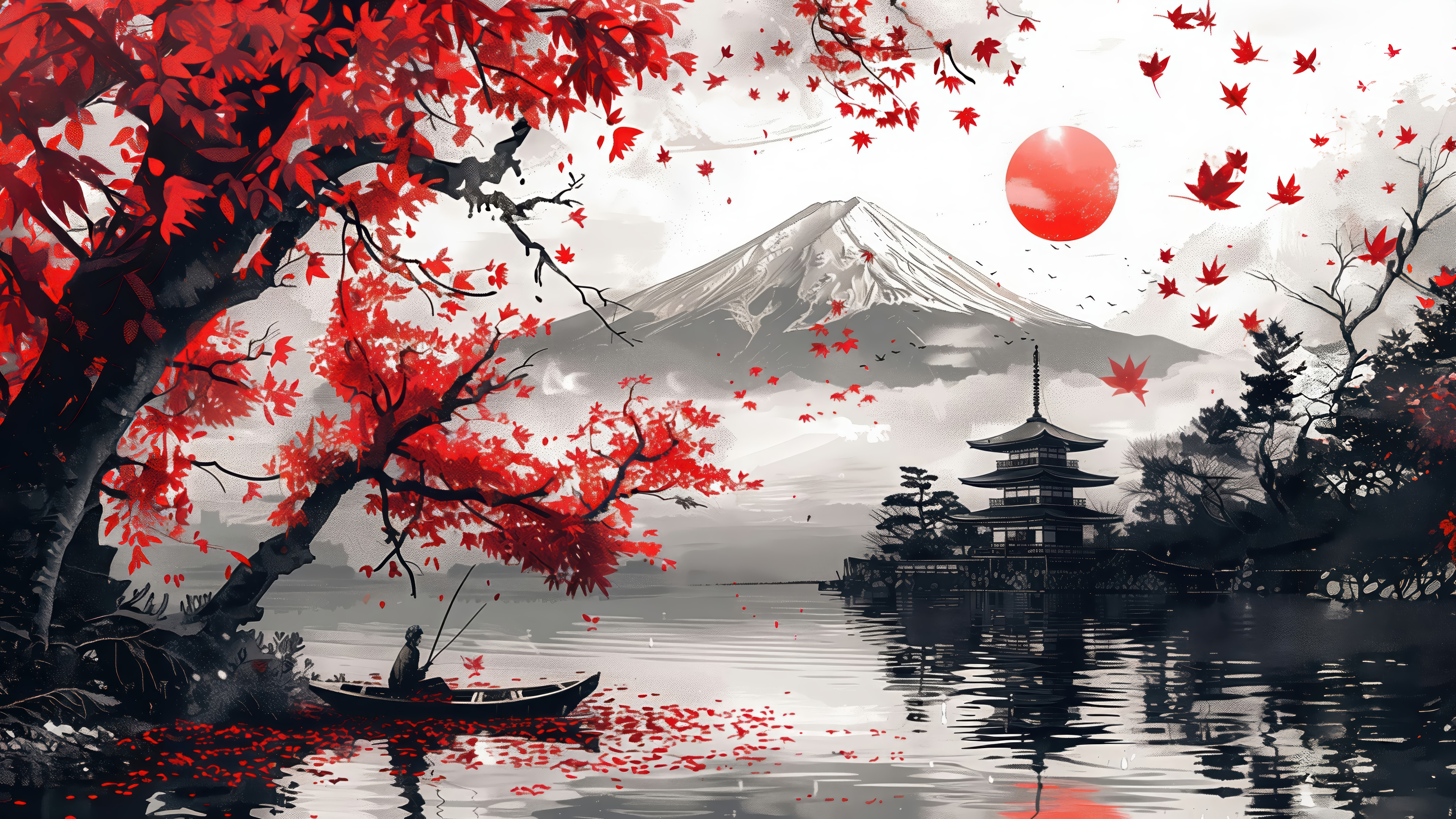 Ink Wash Style Mount Fuji Red Maple Pagoda