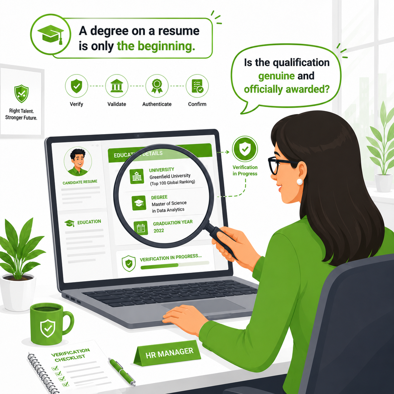 HR manager verifying education details comic