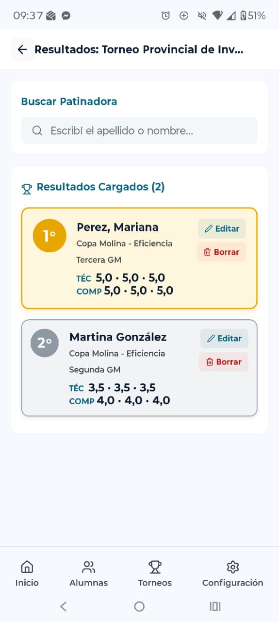 Pantalla de resultados de torneos