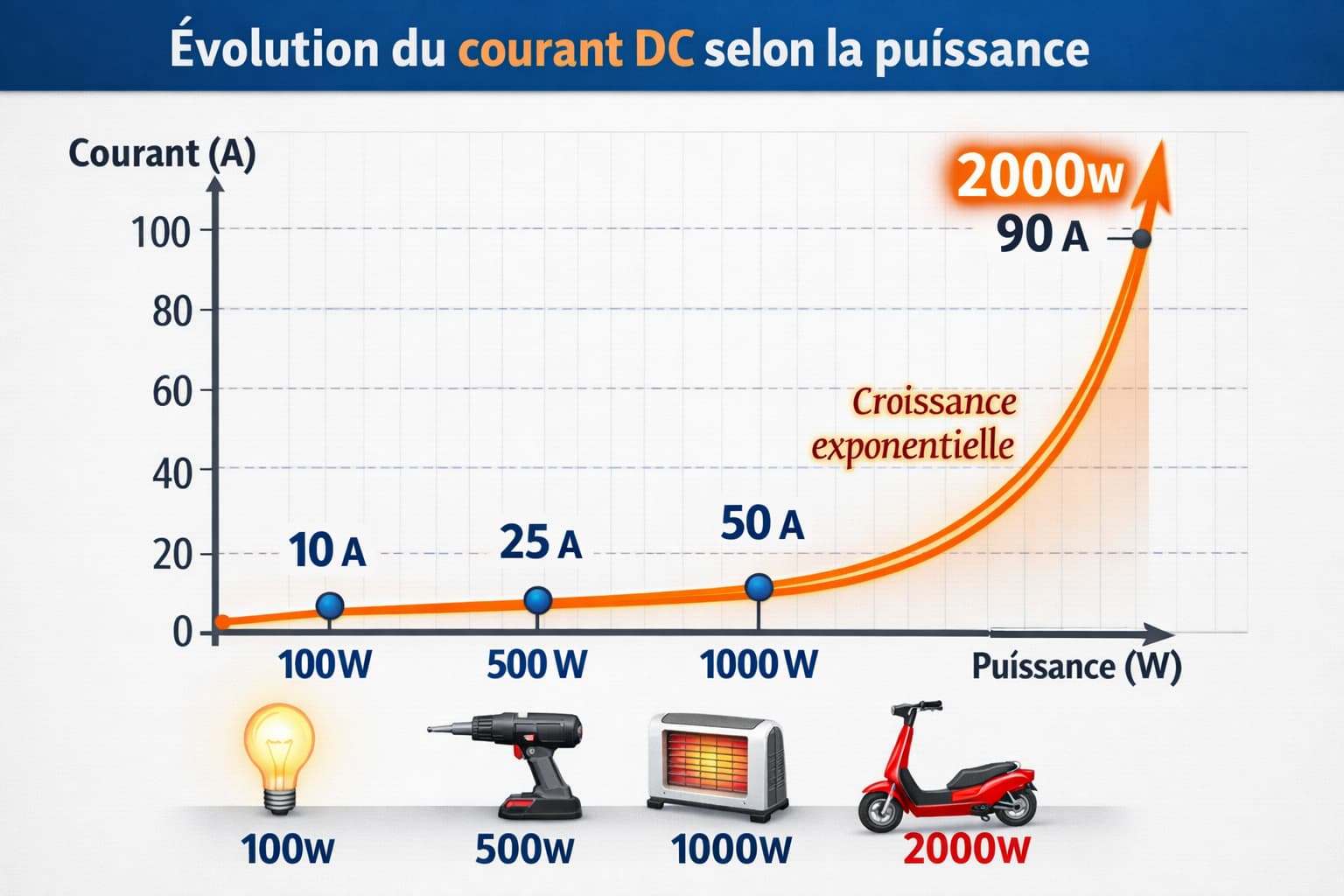 Graphique Évolution du courant DC selon la puissance