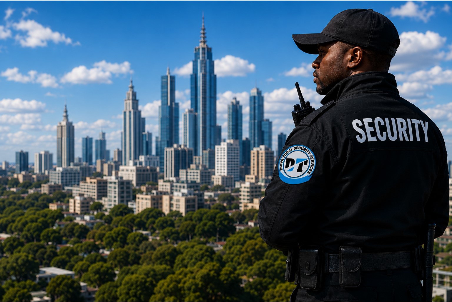DTSS Security Guard in uniform standing in front of modern city buildings