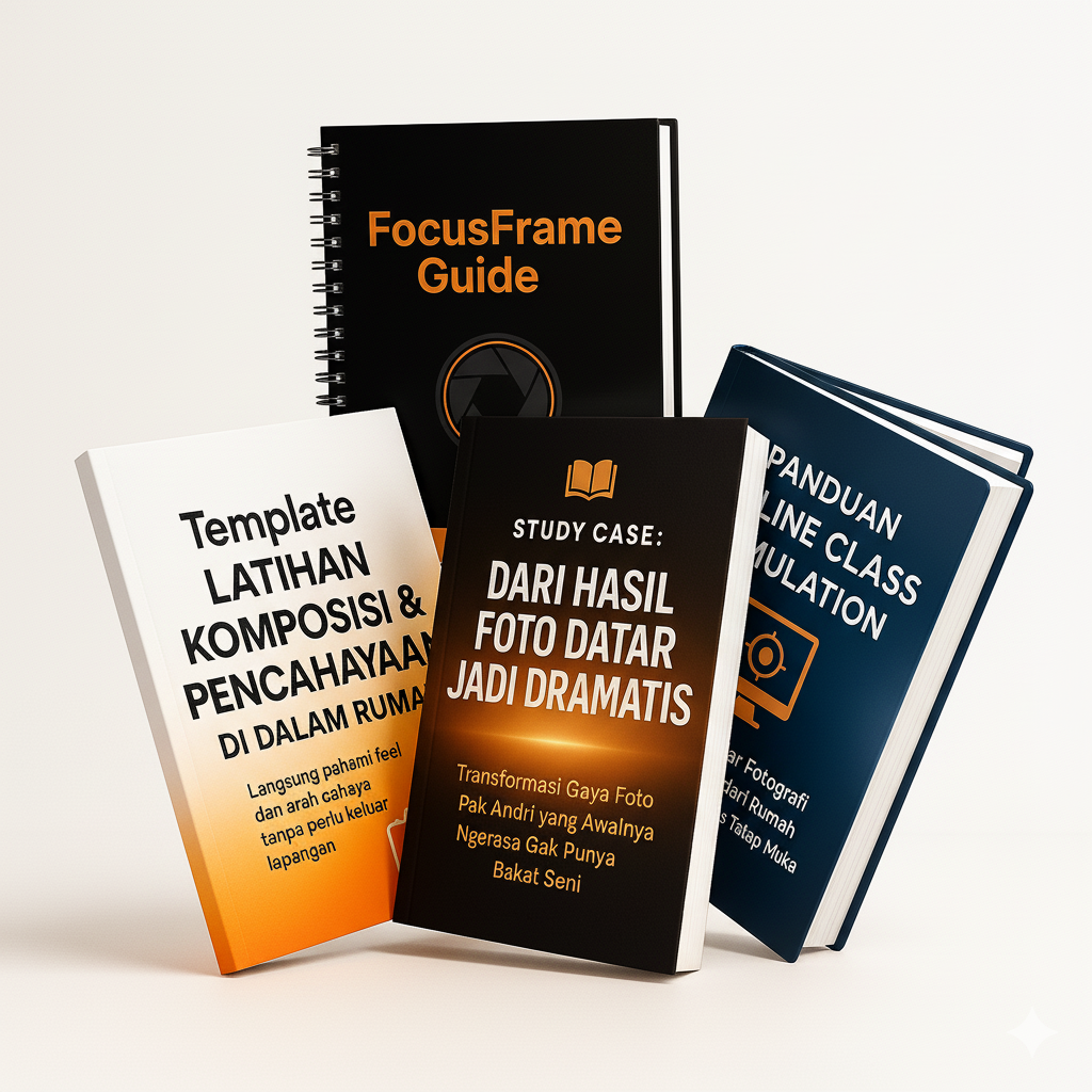 FocusFrame Guide Complete Package - All 4 Books with Detailed Covers Showing Template Latihan Komposisi, FocusFrame Guide Main Book, Study Case, and Panduan Online Class Simulation