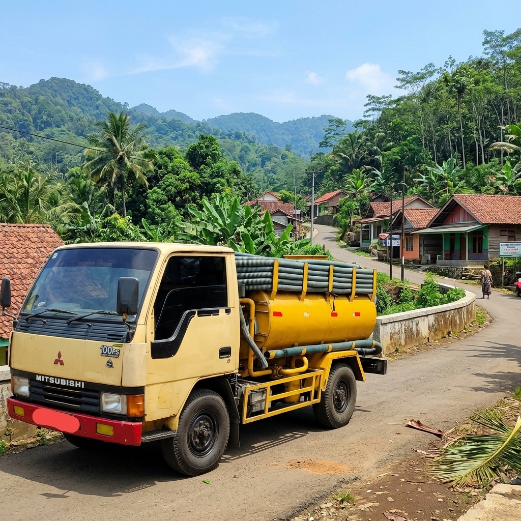 Truk Mitsubishi 100PS melintas di jalan desa