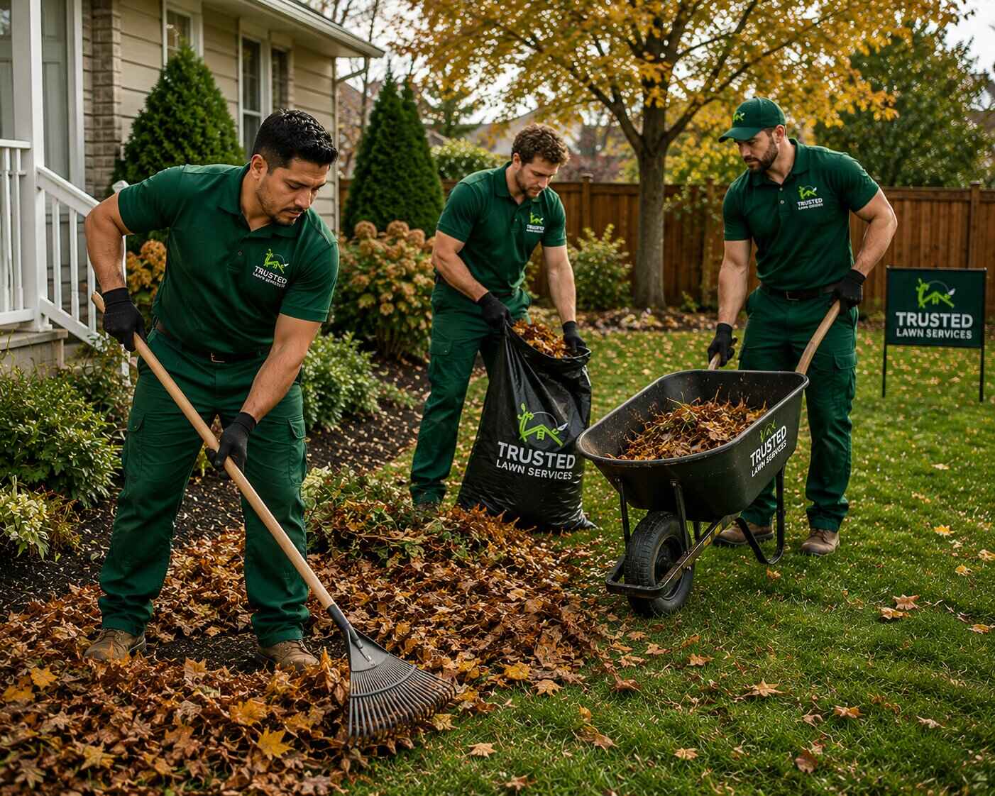 Professional yard cleanup crew removing fall leaves from McKinney TX residential lawn