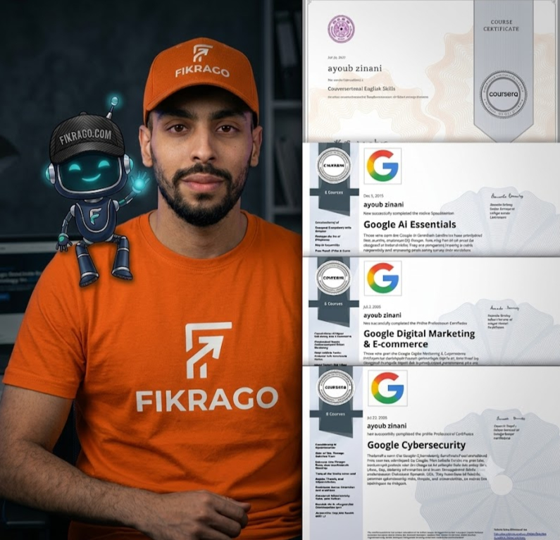 Ayoub Zinani wearing Fikrago shirt with robot mascot and Coursera/Google certificates