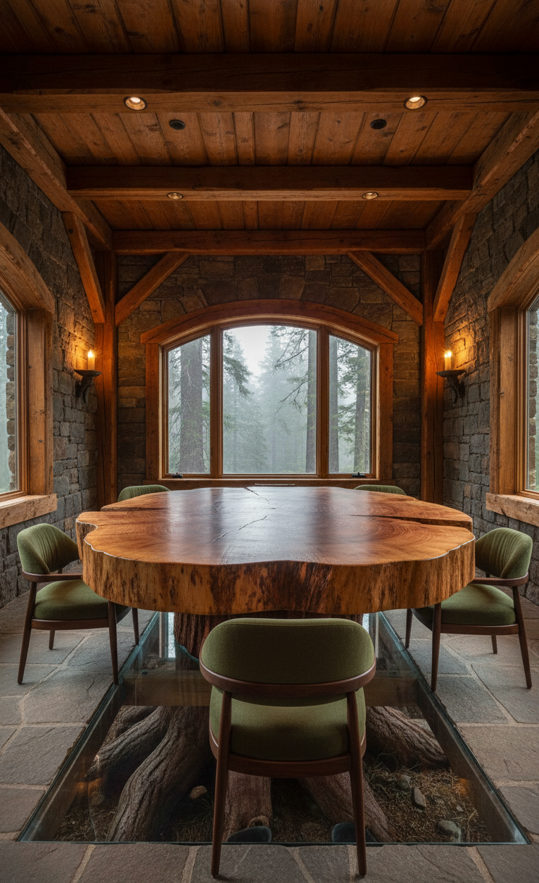 Tree trunk dining table with visible roots