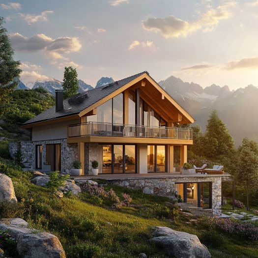 A modern home nestled in the mountains