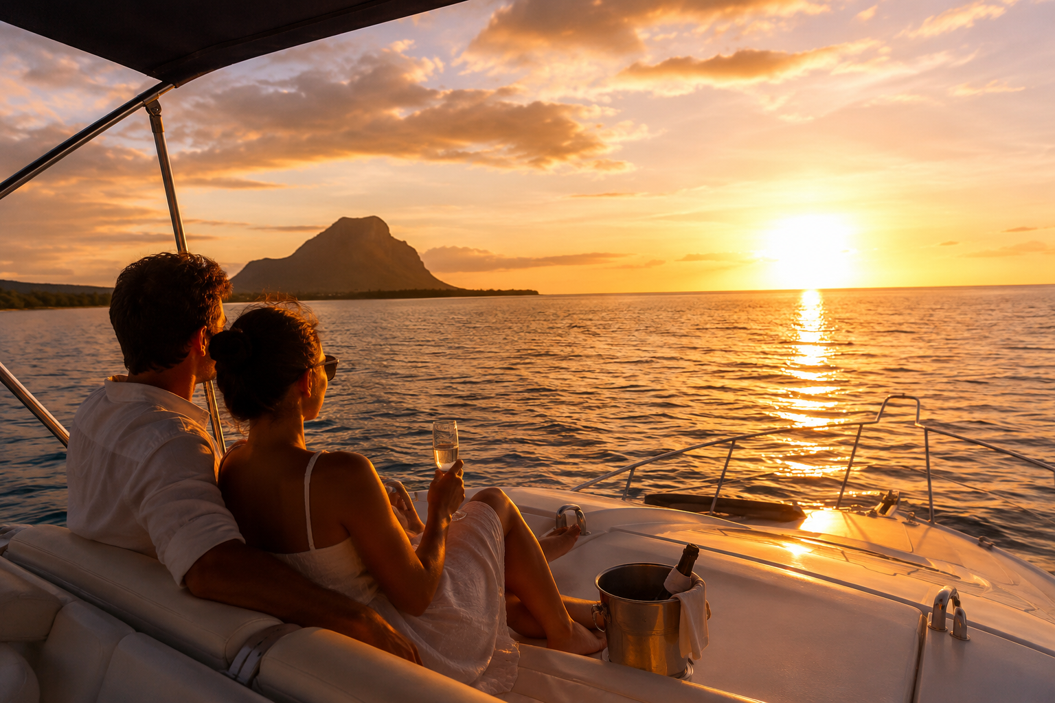 Romantic sunset cruise on a yacht in Mauritius with champagne