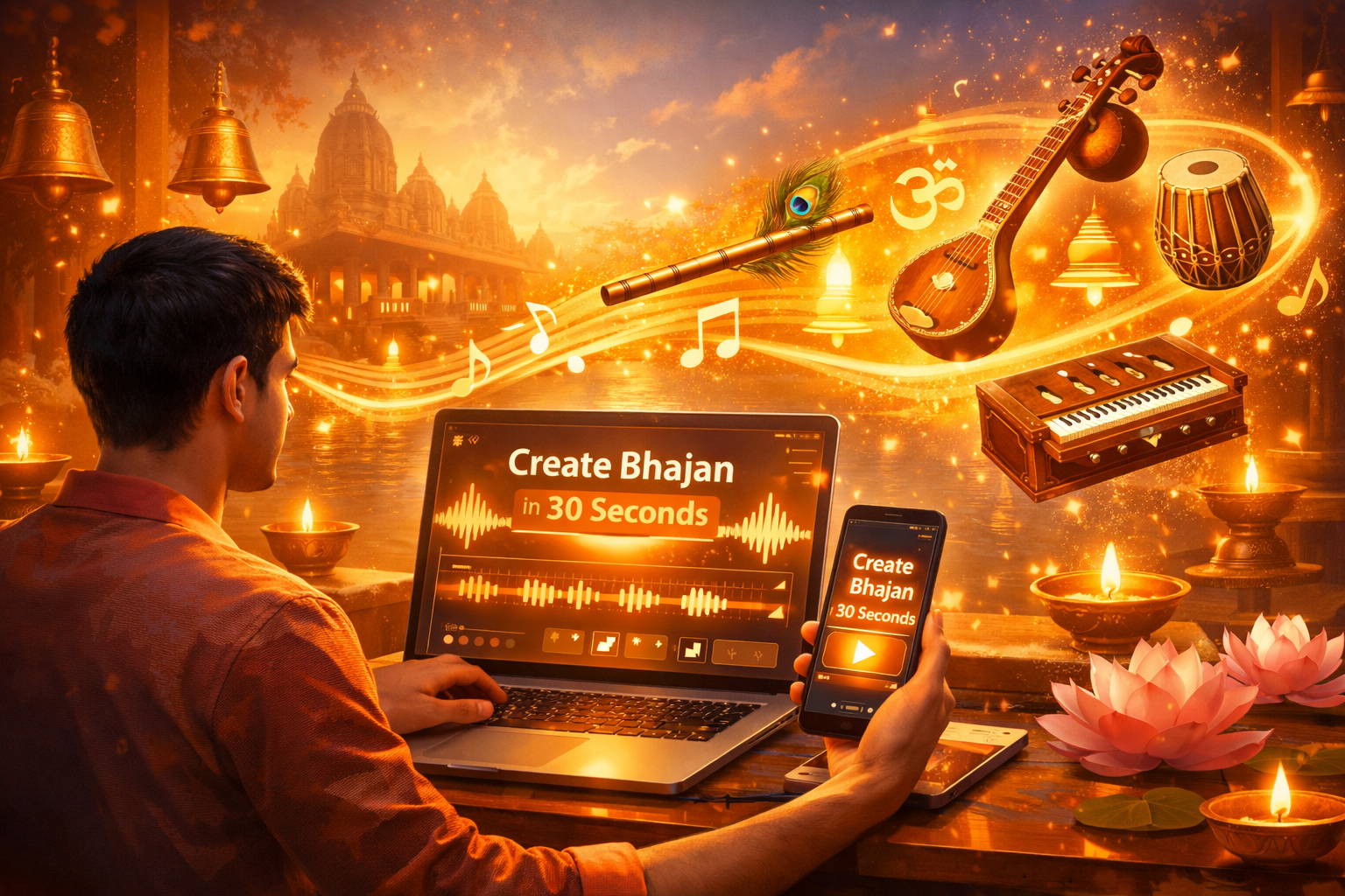 A person creating bhajan music with technology on a laptop and phone, surrounded by traditional instruments like flute, guitar, tabla, with candles and lotus flowers in a sacred temple background.