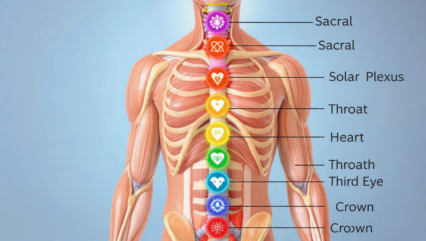 Detailed chakra system with English names illustrating the energy flow in Sushumna Nadi