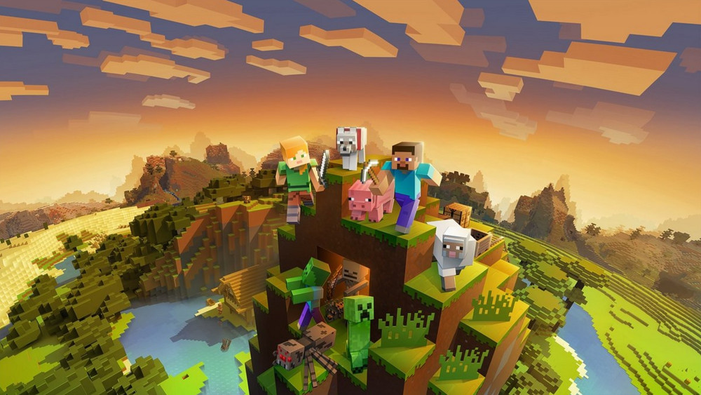 Minecraft sunset mountain scene