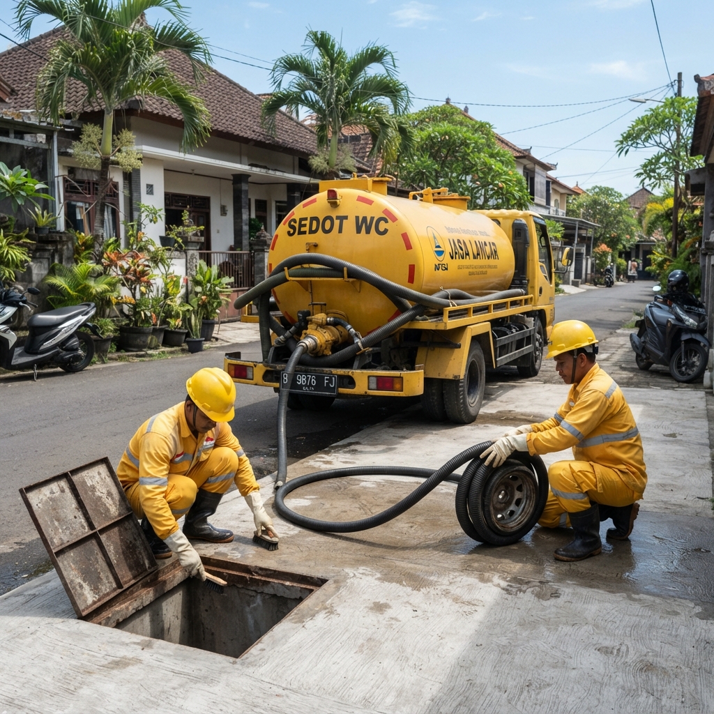 Pekerja sedot WC sedang menyalurkan selang dan membuka tutup lubang saluran di perumahan warga