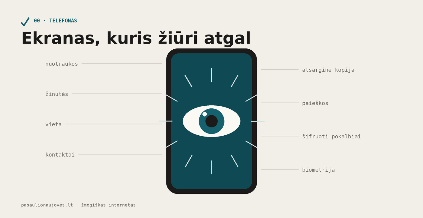 Telefono ekrane pavaizduota akis, iš kurios sklinda spinduliai į duomenų etiketes: nuotraukos, žinutės, vieta, atsarginė kopija