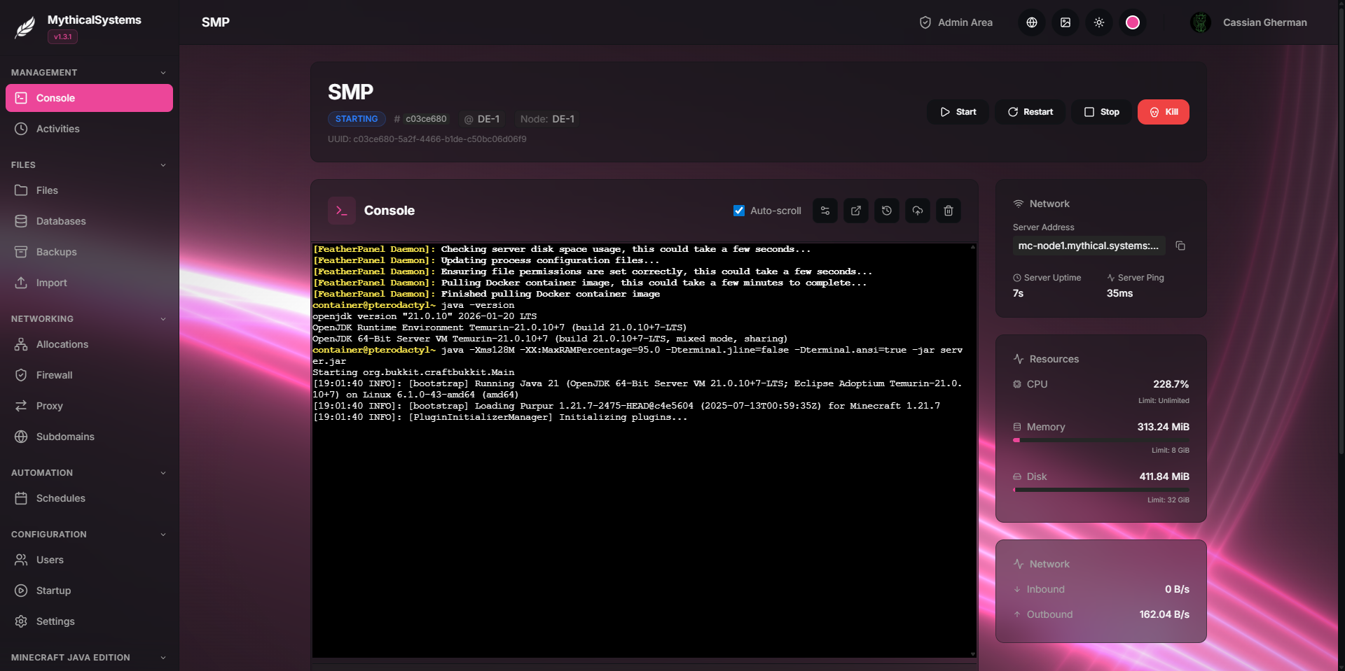 SlugHosting Game Panel dashboard