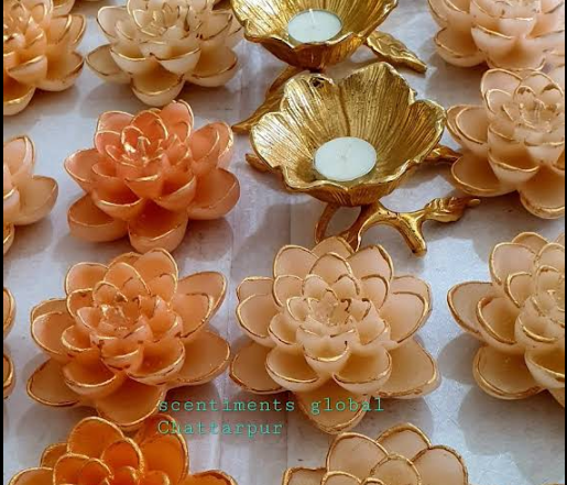 Premium lotus-shaped white label candles manufactured by Scentiments Global in New Delhi