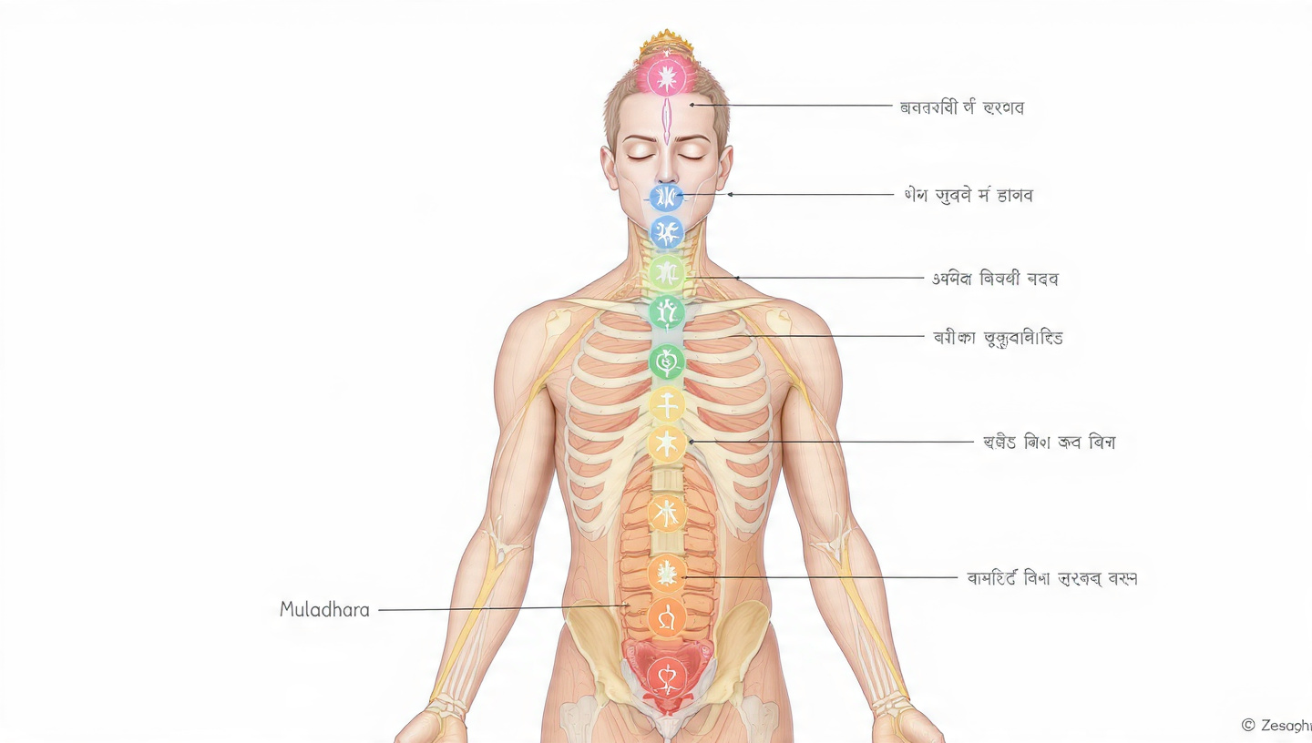 Anatomical view of chakras with Sanskrit names showing the energy centers for Sushumna Nadi Activation