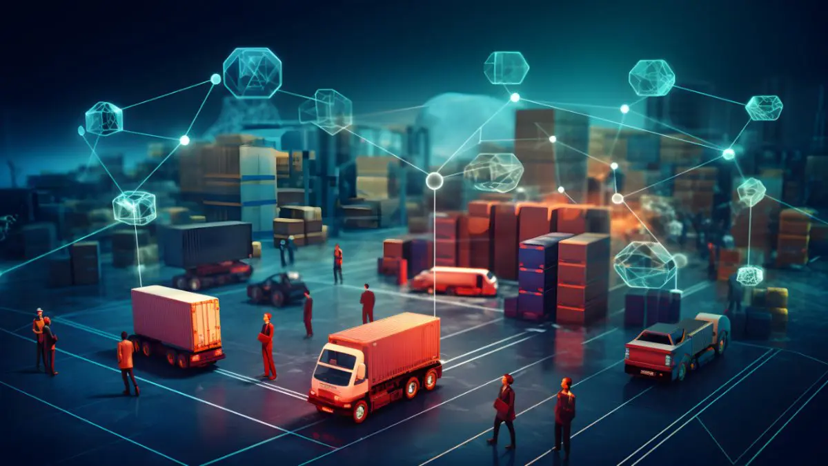 Smart logistics hub with trucks, shipping containers, and warehouse operations connected by a blue holographic digital network overlay showing intelligent automation technology