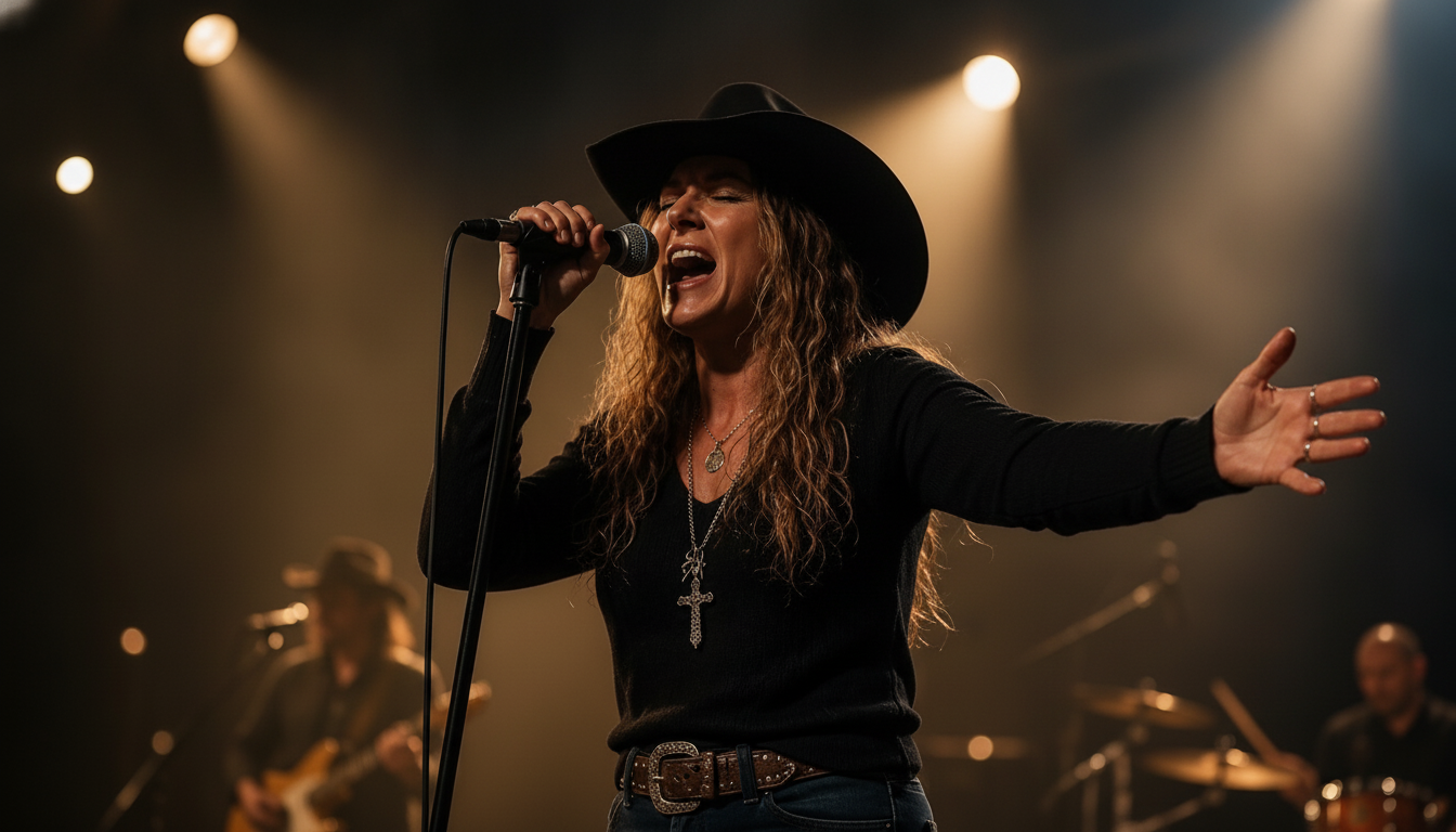 Hadleigh Mae wearing a black cowboy hat, singing live with her arms wide open