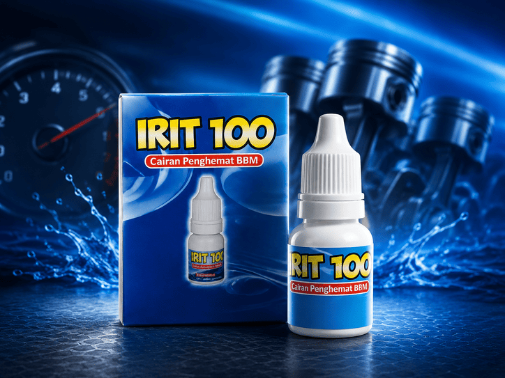 IRIT100 Paket — kotak biru dengan 2 botol Cairan Penghemat BBM