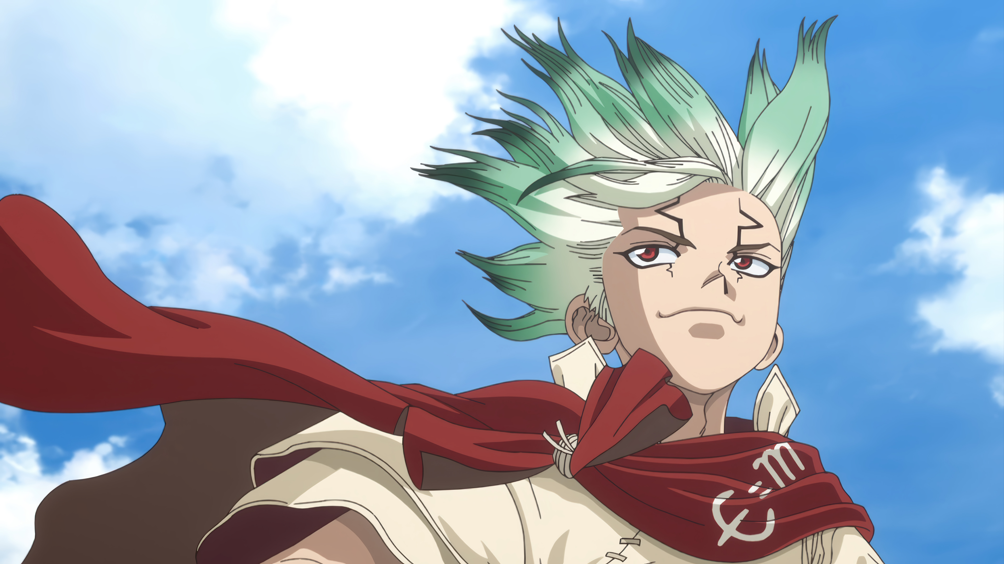 Green White Hair Red Scarf Anime