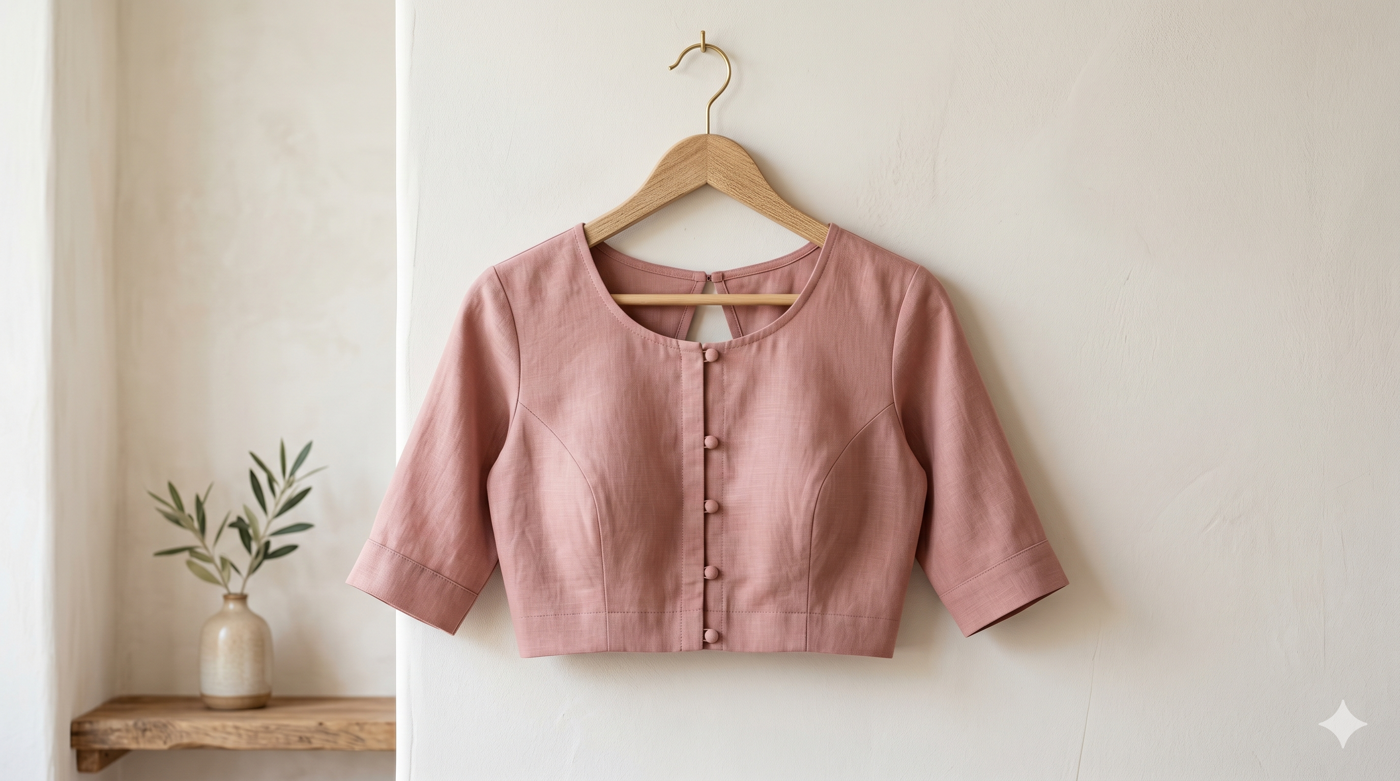 Light pink minimalist blouse with round neck and three-quarter sleeves hanging on wooden hanger