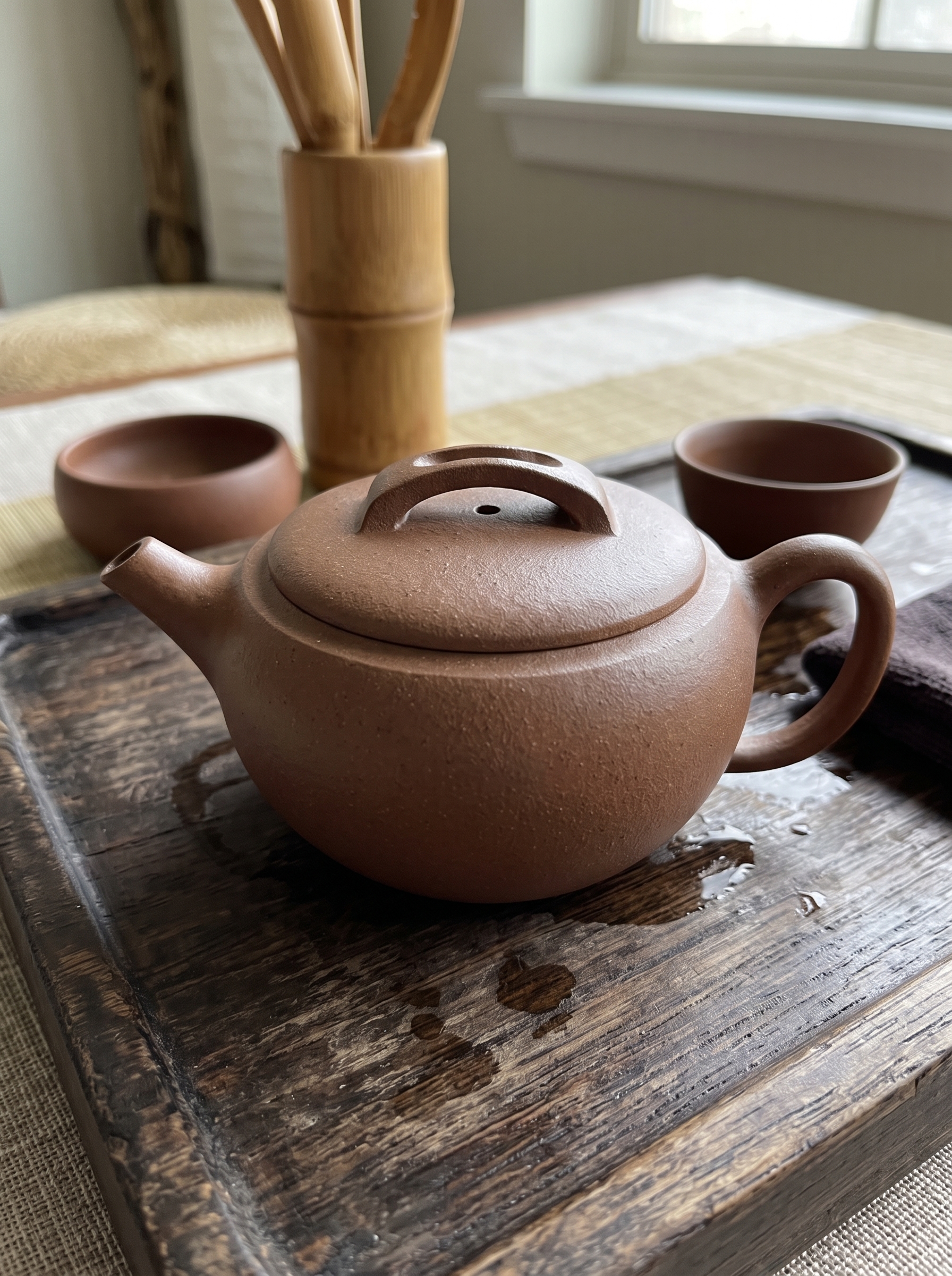 A classic Yixing zisha teapot presented on a wooden tray with cups