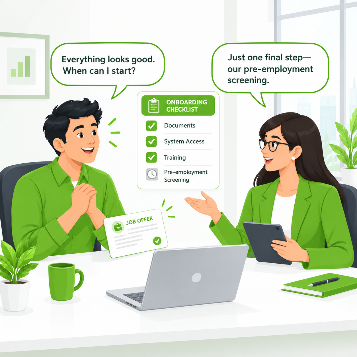 Onboarding checklist with pre-employment screening comic