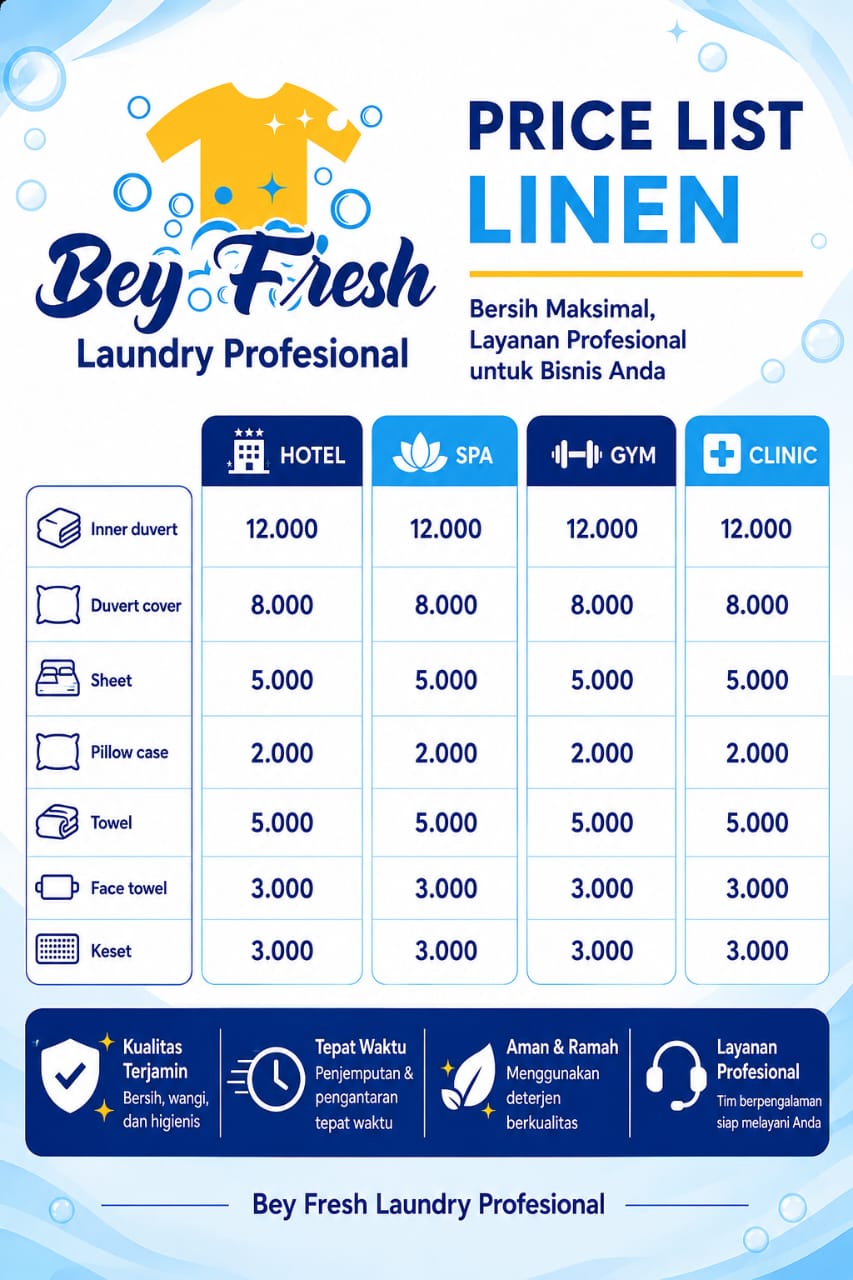 Price List Linen - Bey Fresh Laundry Profesional