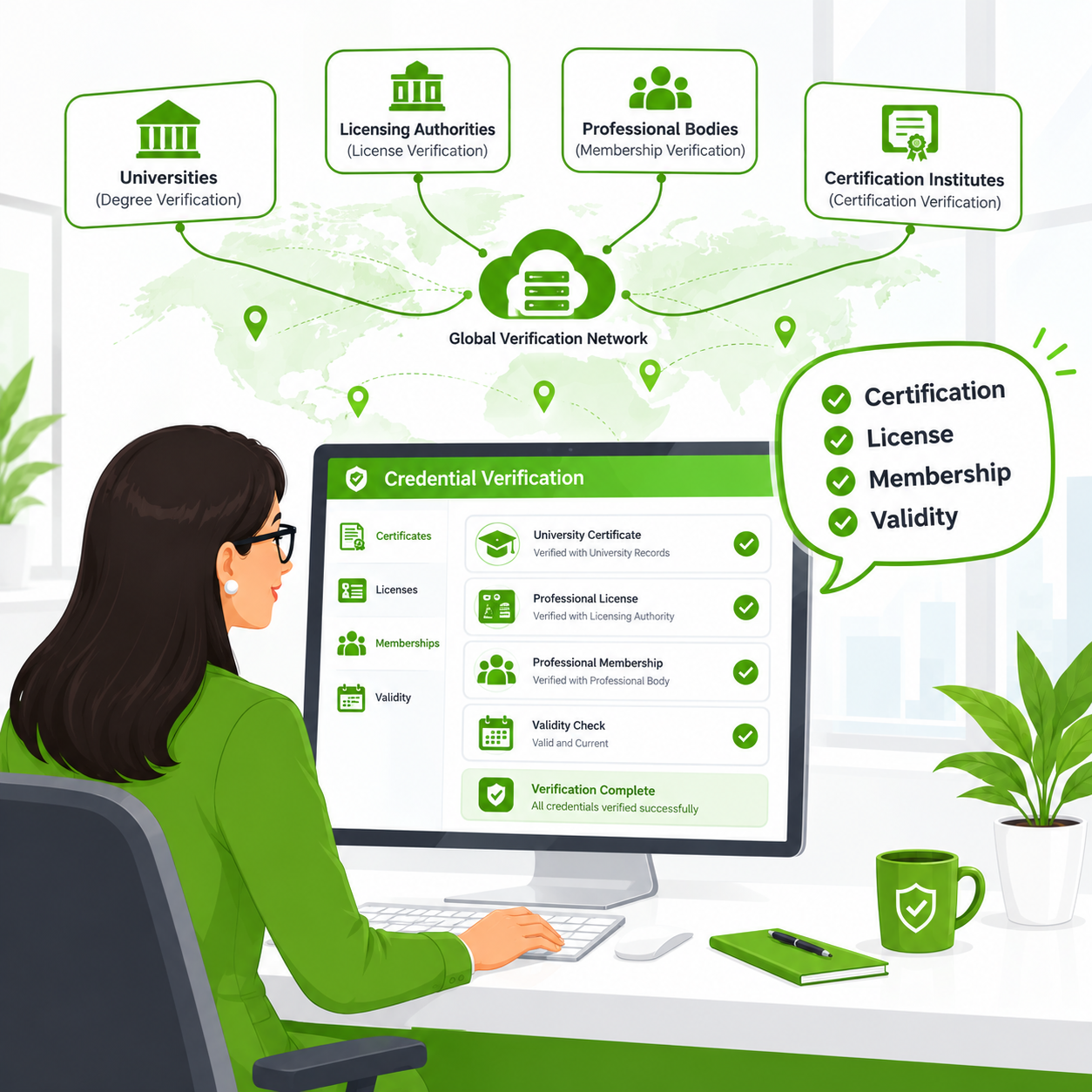 Global verification network for professional credentials comic
