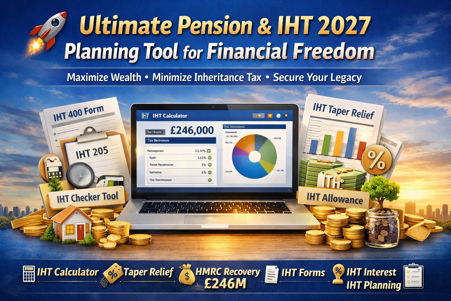 Ultimate Pension and IHT 2027 tool interface displaying an IHT Calculator with £246,000 result, IHT 400 forms, taper relief documents, and wealth maximization graphics against a city skyline