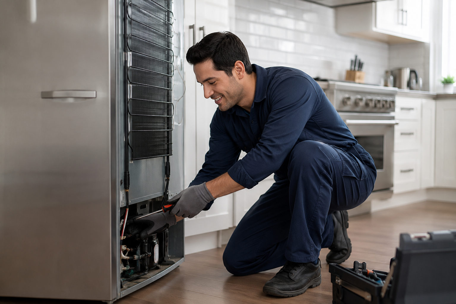 Licensed Appliance Repair Technician Working in Kitchen
