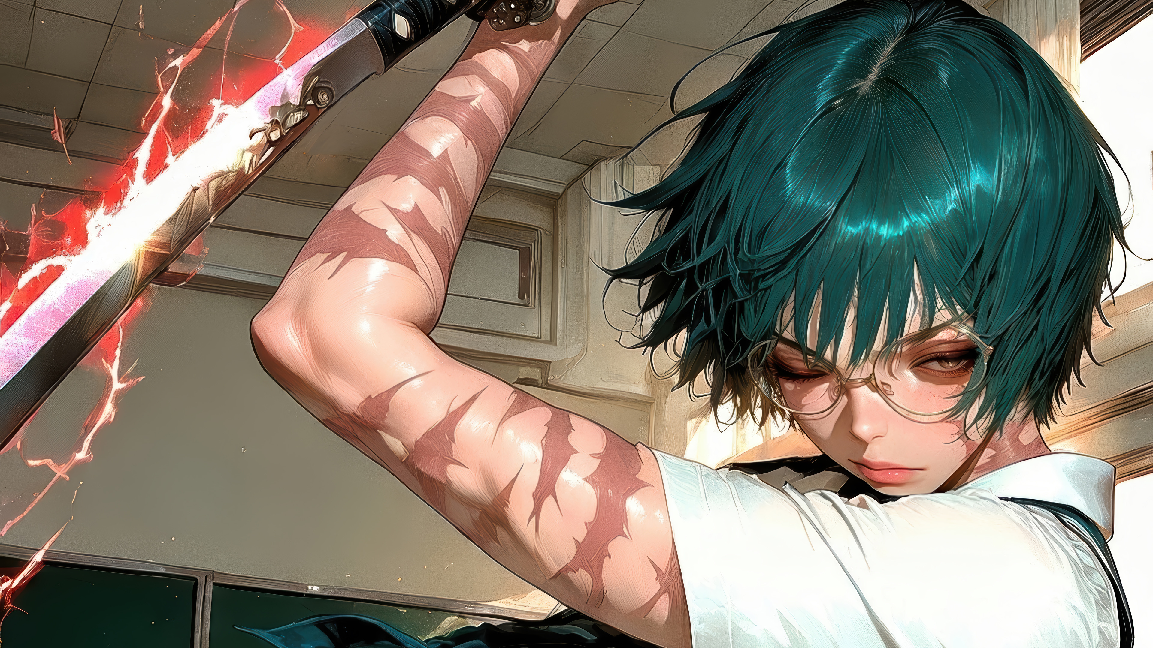Green Hair Tattoo Weapon Anime